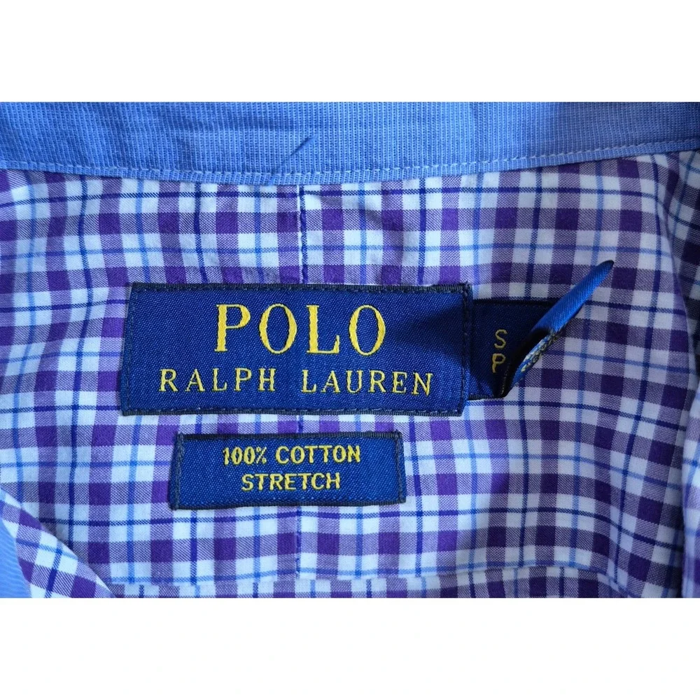 Polo Ralph Lauren Mens Cotton Stretch Dress Shirt Small Purple White Blue Check